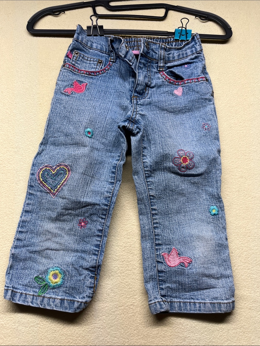 Zana Di Blue Denim Girls' Jeans with Pink & Multicolor Embroidery